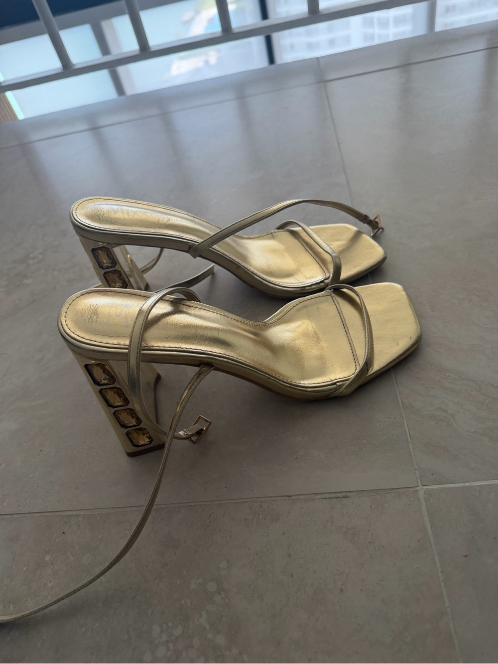 Gold Gem-Accented Strappy Block Heels